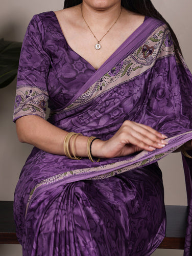 Purple Stylish Printed Crepe Saree with Matching Blouse Piece ClothsVilla