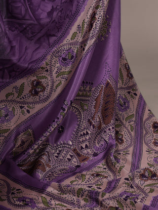 Purple Stylish Printed Crepe Saree with Matching Blouse Piece ClothsVilla