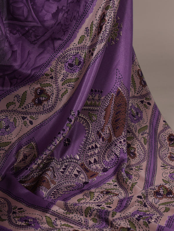 Purple Stylish Printed Crepe Saree with Matching Blouse Piece ClothsVilla