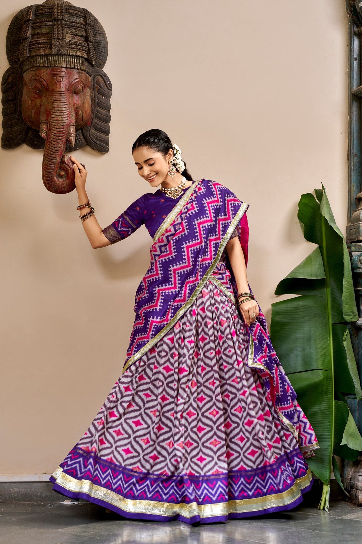 Purple Tasar Silk Foil Print Lehenga Set ClothsVilla