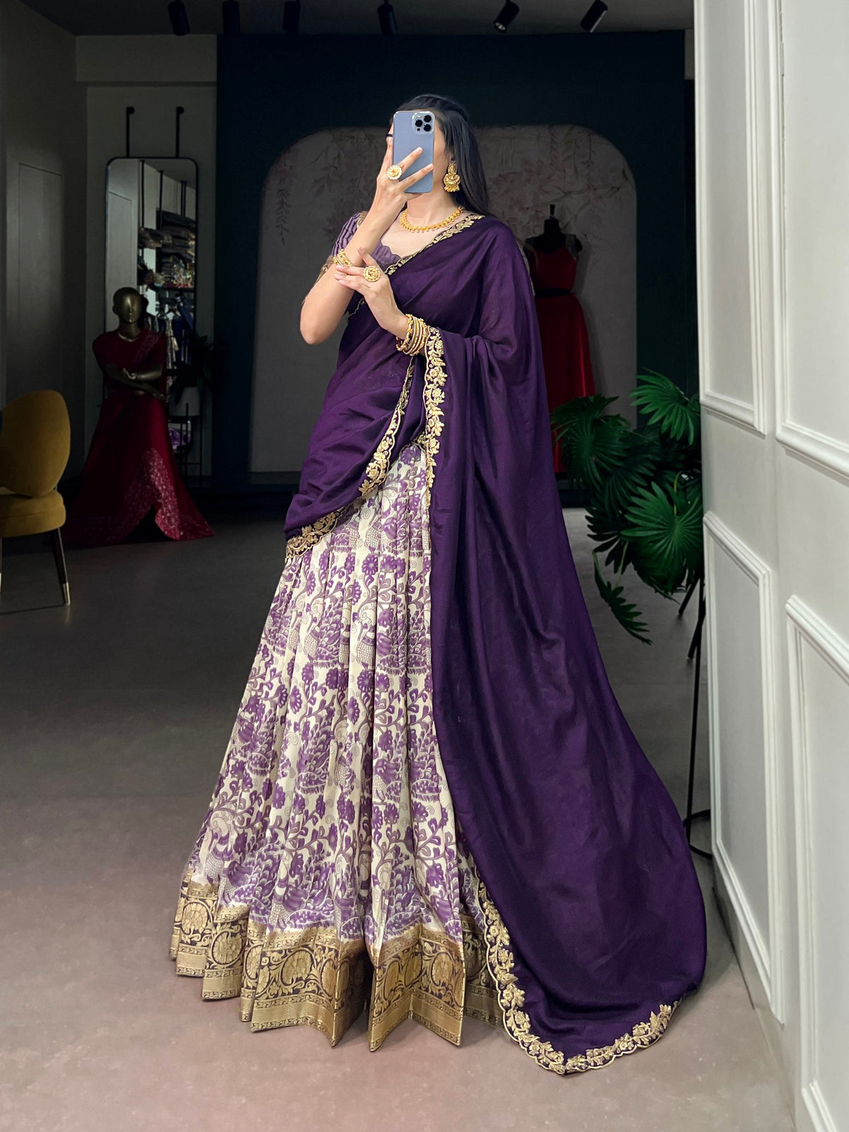 Purple Tasar Silk Printed Lehenga ClothsVilla