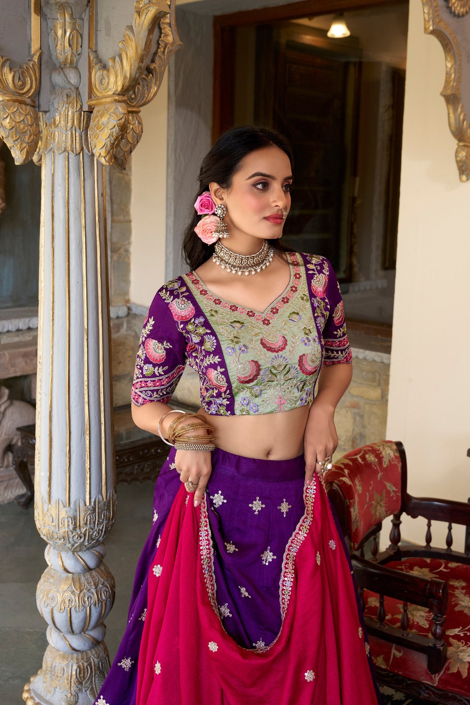 Purple Timeless Elegance – Vichitra Silk Embroidered Lehenga Set ClothsVilla