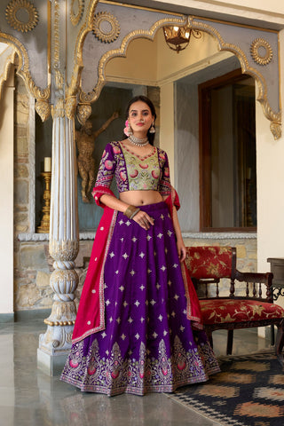 Purple Timeless Elegance – Vichitra Silk Embroidered Lehenga Set ClothsVilla