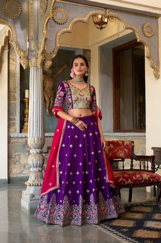 Purple Timeless Elegance – Vichitra Silk Embroidered Lehenga Set ClothsVilla