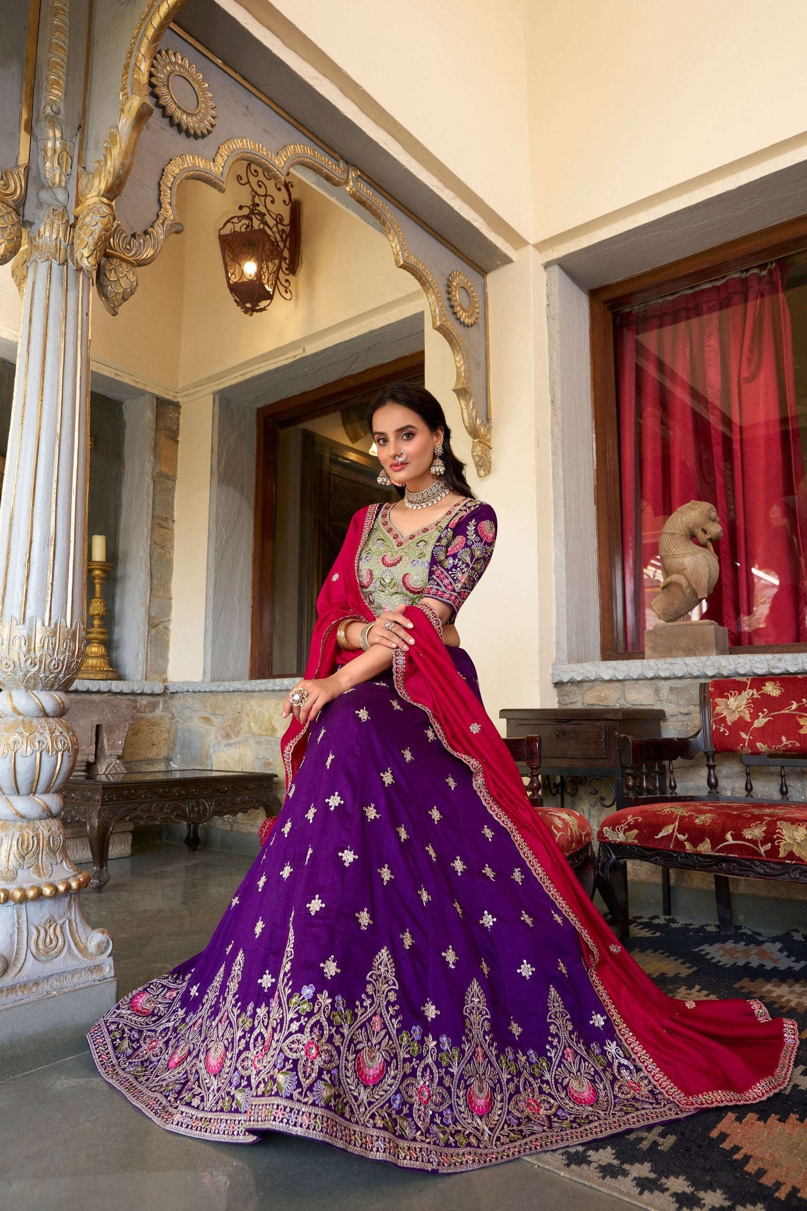 Purple Timeless Elegance – Vichitra Silk Embroidered Lehenga Set ClothsVilla