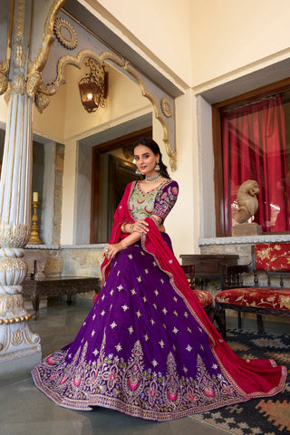 Purple Timeless Elegance – Vichitra Silk Embroidered Lehenga Set ClothsVilla