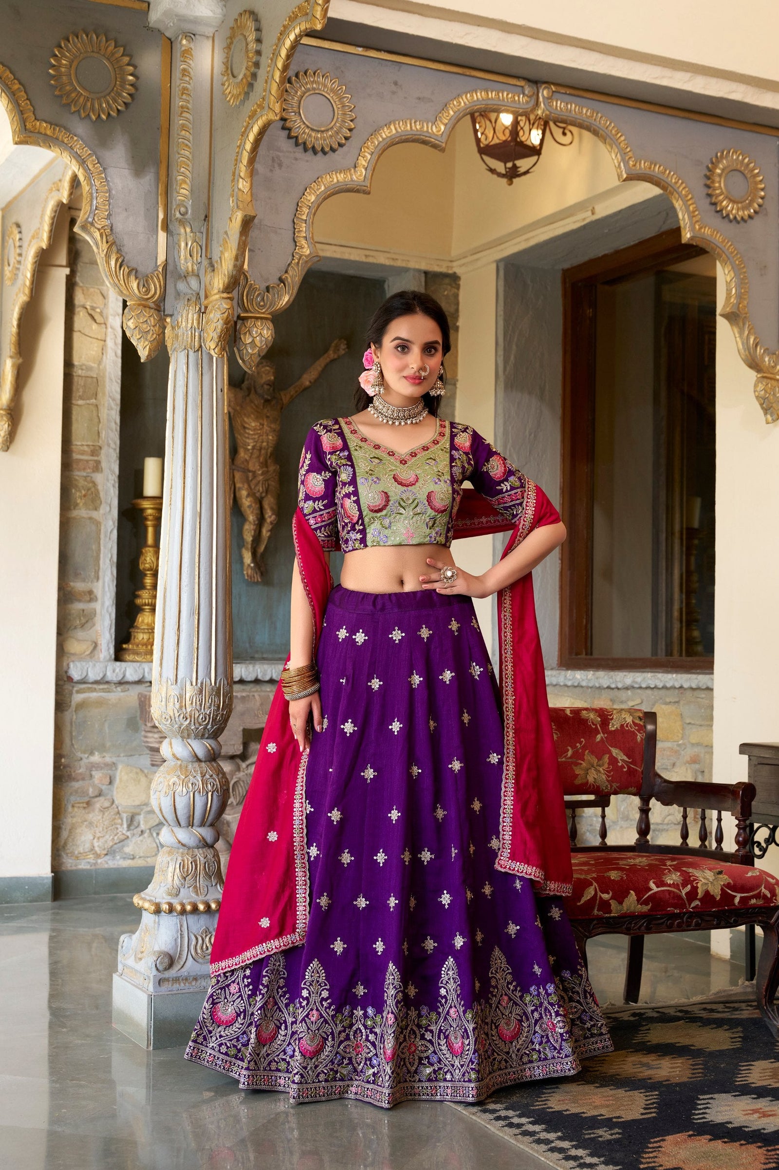 Purple Timeless Elegance – Vichitra Silk Embroidered Lehenga Set ClothsVilla