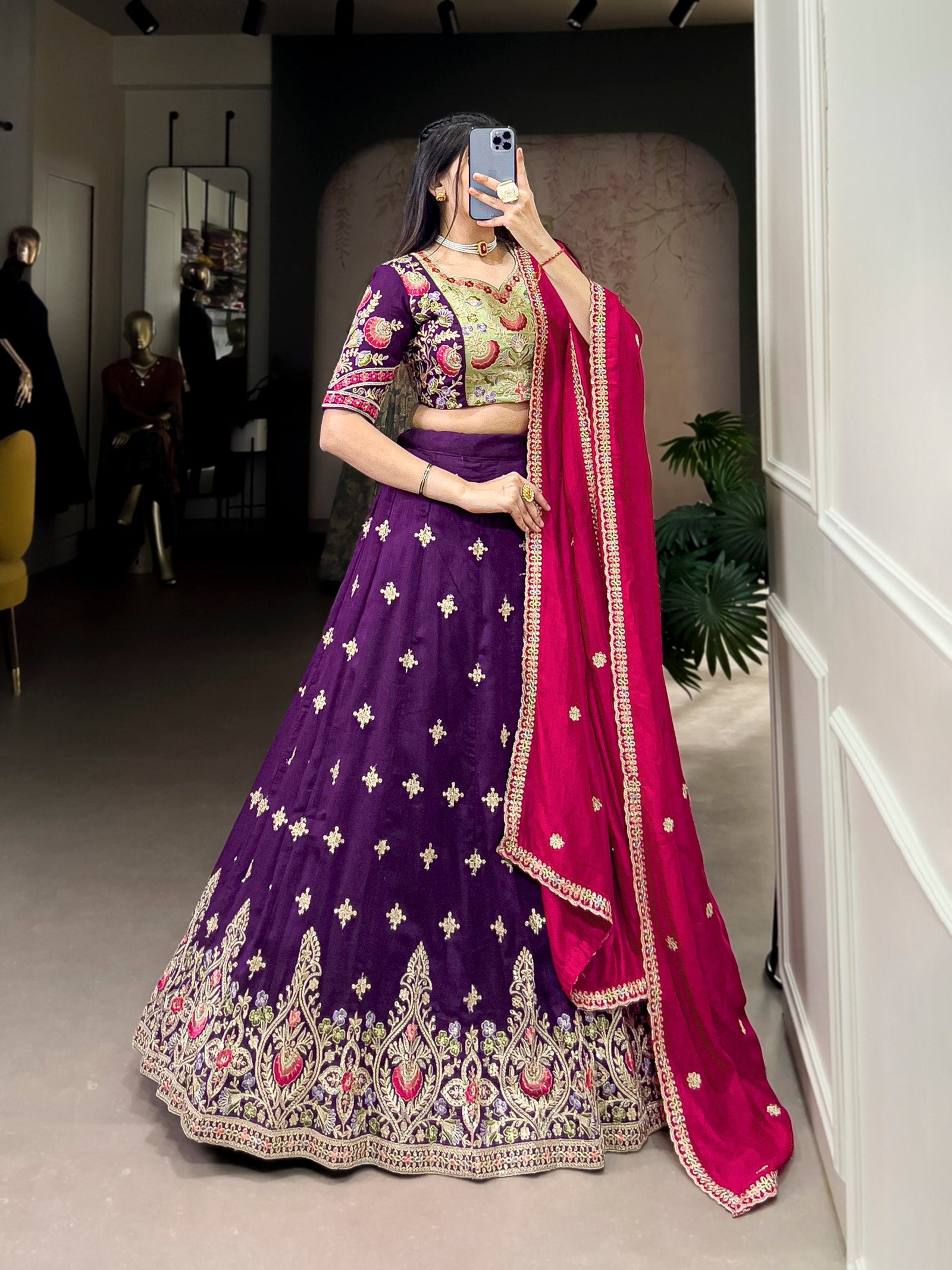 Purple Timeless Elegance – Vichitra Silk Embroidered Lehenga Set ClothsVilla