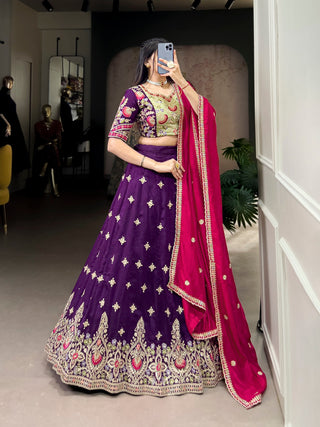 Purple Timeless Elegance – Vichitra Silk Embroidered Lehenga Set ClothsVilla