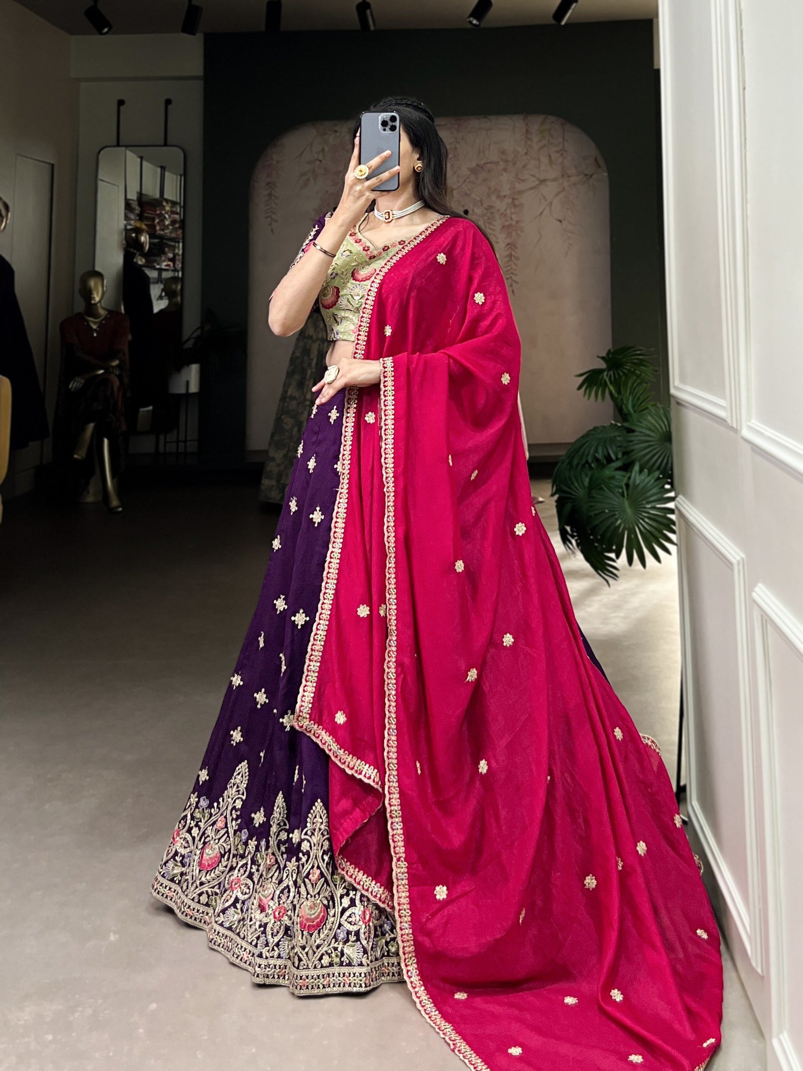 Purple Timeless Elegance – Vichitra Silk Embroidered Lehenga Set ClothsVilla