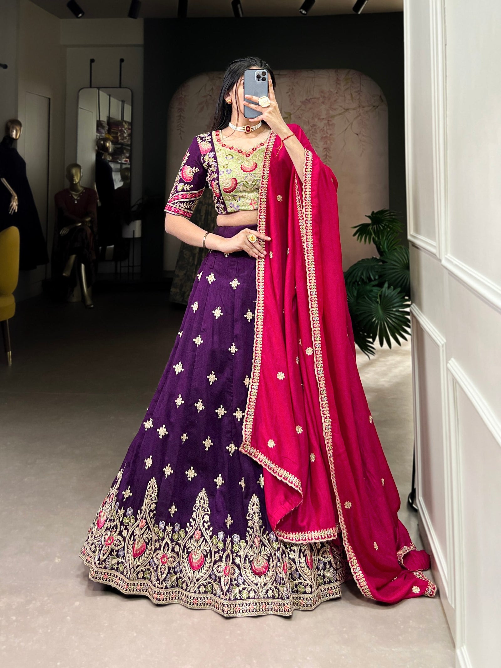 Purple Timeless Elegance – Vichitra Silk Embroidered Lehenga Set ClothsVilla