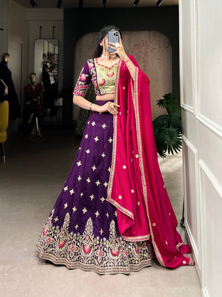 Purple Timeless Elegance – Vichitra Silk Embroidered Lehenga Set ClothsVilla