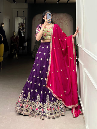 Purple Timeless Elegance – Vichitra Silk Embroidered Lehenga Set ClothsVilla