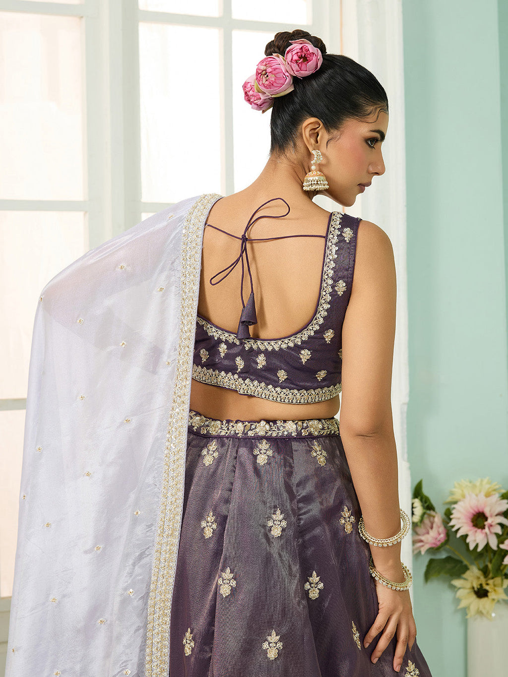 Purple Tissue Lehenga Choli with Matching Dupatta – Moti, Sequin & Thread Embroidery Work Semi-Stitched Bridal & Festive Wear ClothsVilla