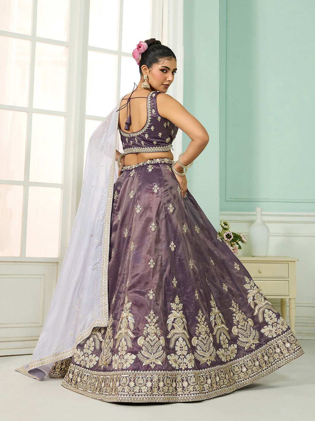Purple Tissue Lehenga Choli with Matching Dupatta – Moti, Sequin & Thread Embroidery Work Semi-Stitched Bridal & Festive Wear ClothsVilla