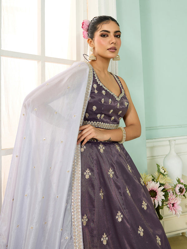Purple Tissue Lehenga Choli with Matching Dupatta – Moti, Sequin & Thread Embroidery Work Semi-Stitched Bridal & Festive Wear ClothsVilla
