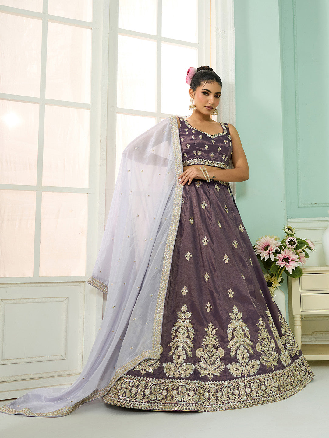 Purple Tissue Lehenga Choli with Matching Dupatta – Moti, Sequin & Thread Embroidery Work Semi-Stitched Bridal & Festive Wear Secondary image