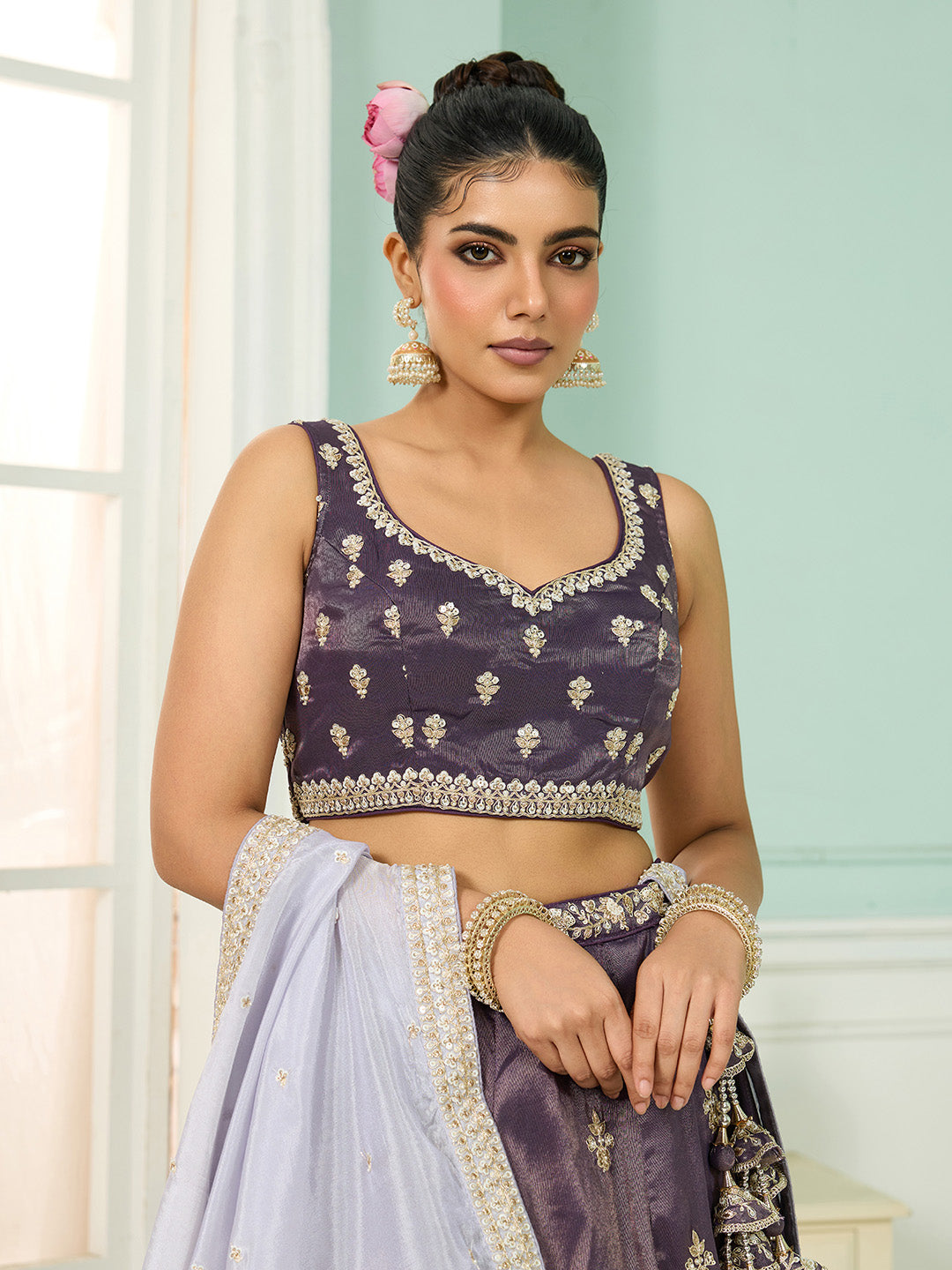 Purple Tissue Lehenga Choli with Matching Dupatta – Moti, Sequin & Thread Embroidery Work Semi-Stitched Bridal & Festive Wear ClothsVilla