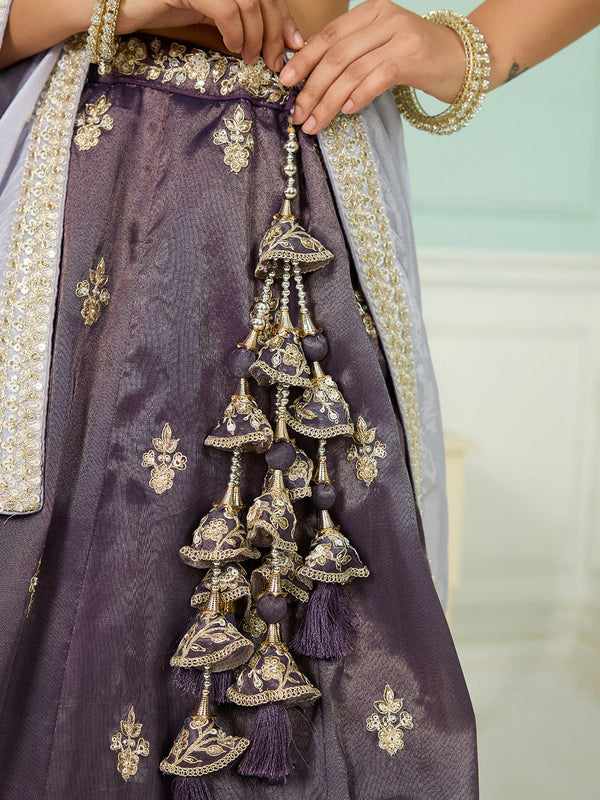 Purple Tissue Lehenga Choli with Matching Dupatta – Moti, Sequin & Thread Embroidery Work Semi-Stitched Bridal & Festive Wear ClothsVilla