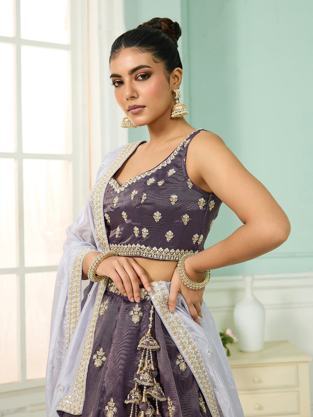 Purple Tissue Lehenga Choli with Matching Dupatta – Moti, Sequin & Thread Embroidery Work Semi-Stitched Bridal & Festive Wear ClothsVilla