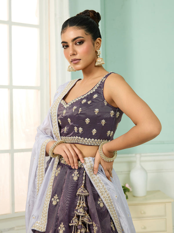 Purple Tissue Lehenga Choli with Matching Dupatta – Moti, Sequin & Thread Embroidery Work Semi-Stitched Bridal & Festive Wear ClothsVilla