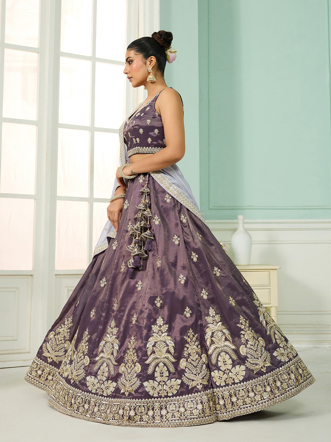 Purple Tissue Lehenga Choli with Matching Dupatta – Moti, Sequin & Thread Embroidery Work Semi-Stitched Bridal & Festive Wear ClothsVilla