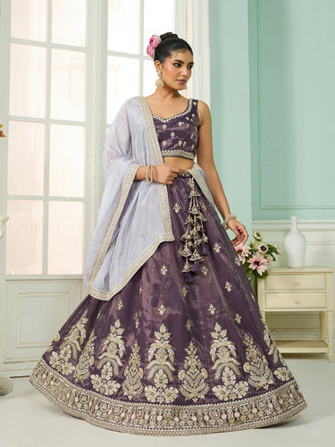 Purple Tissue Lehenga Choli with Matching Dupatta – Moti, Sequin & Thread Embroidery Work Semi-Stitched Bridal & Festive Wear ClothsVilla