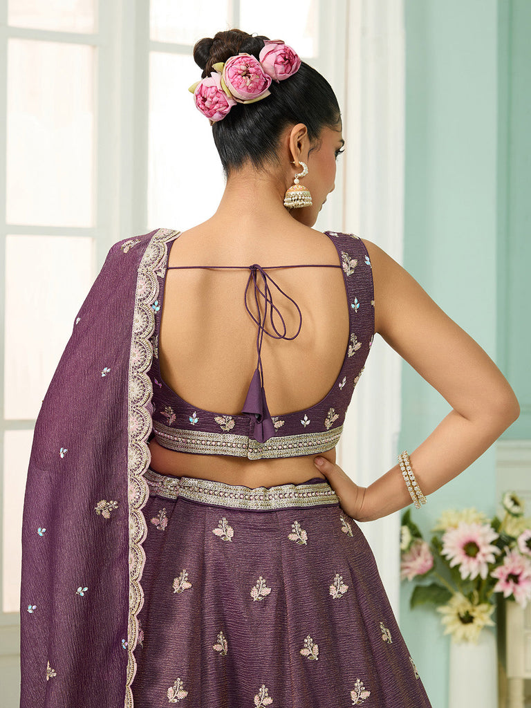 Purple Tissue Lehenga Choli with Sequins, Stones & Thread Embroidery – Full-Flared Semi-Stitched Lehenga with Dupatta ClothsVilla