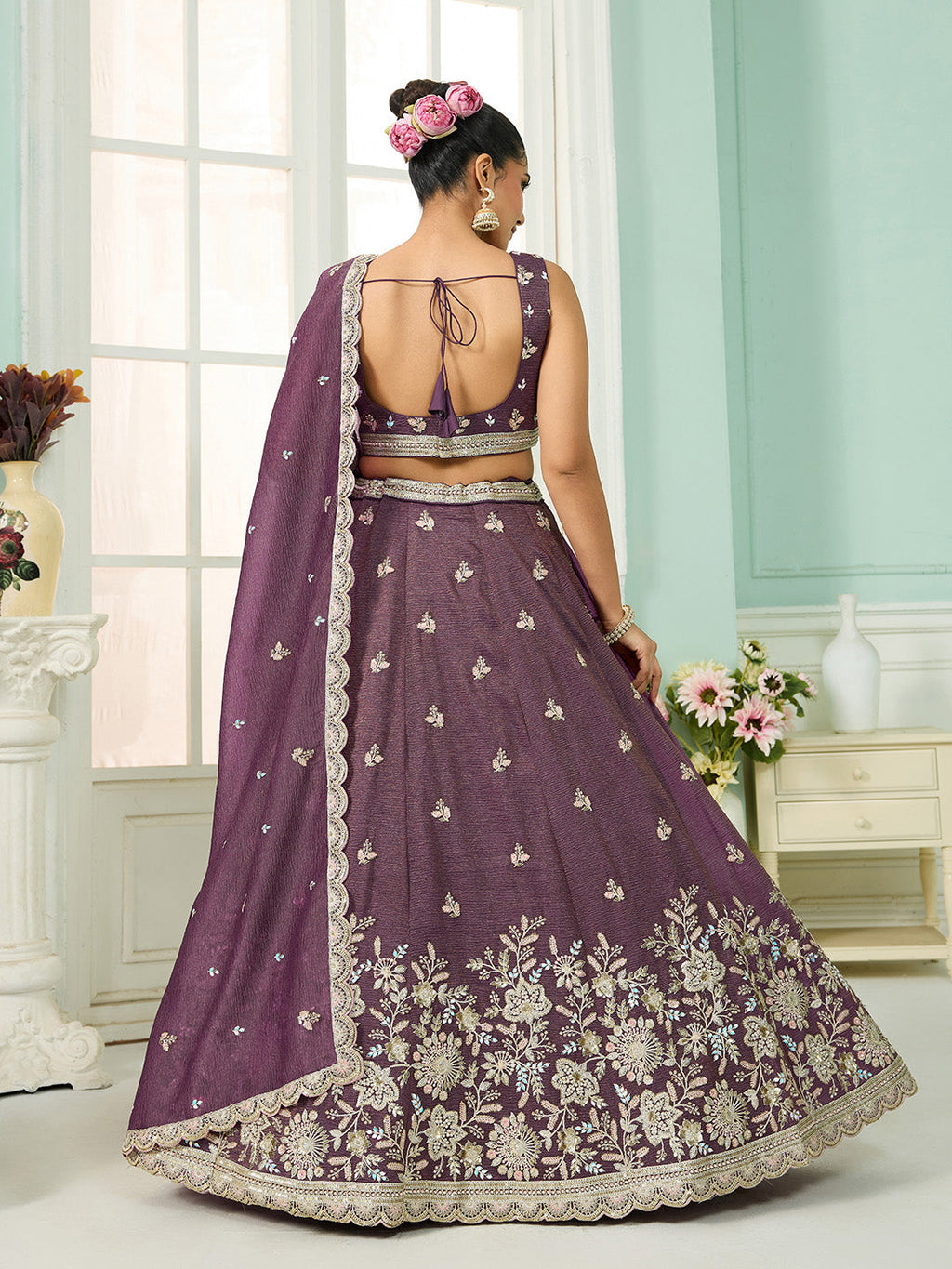 Purple Tissue Lehenga Choli with Sequins, Stones & Thread Embroidery – Full-Flared Semi-Stitched Lehenga with Dupatta ClothsVilla