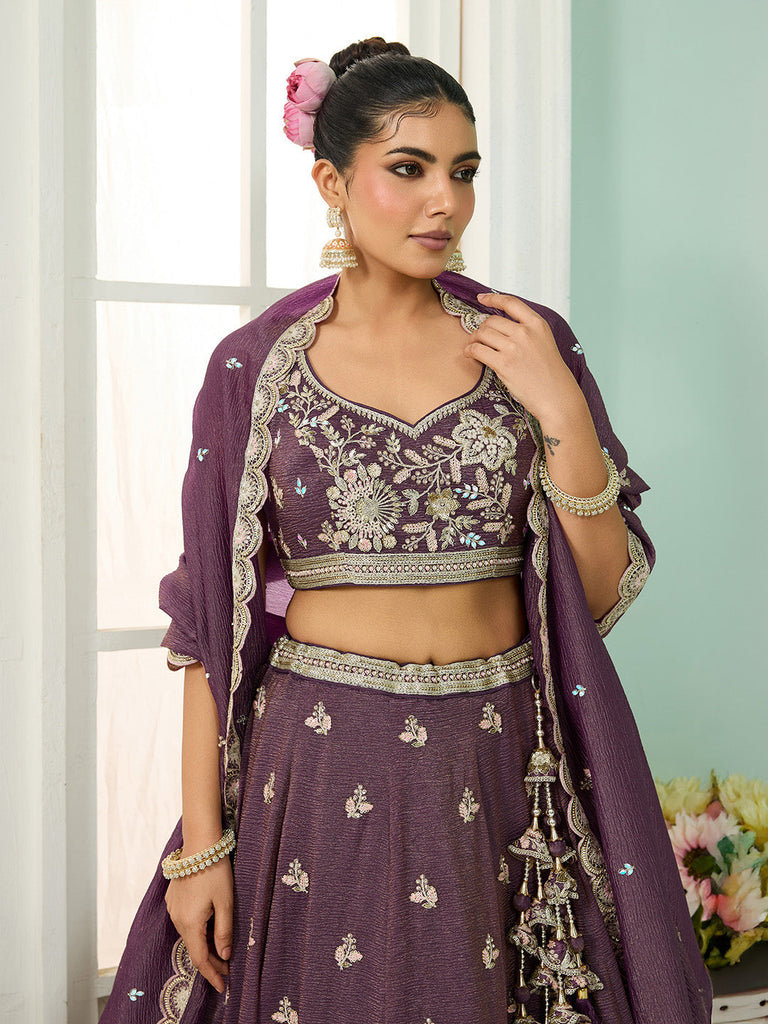 Purple Tissue Lehenga Choli with Sequins, Stones & Thread Embroidery – Full-Flared Semi-Stitched Lehenga with Dupatta ClothsVilla