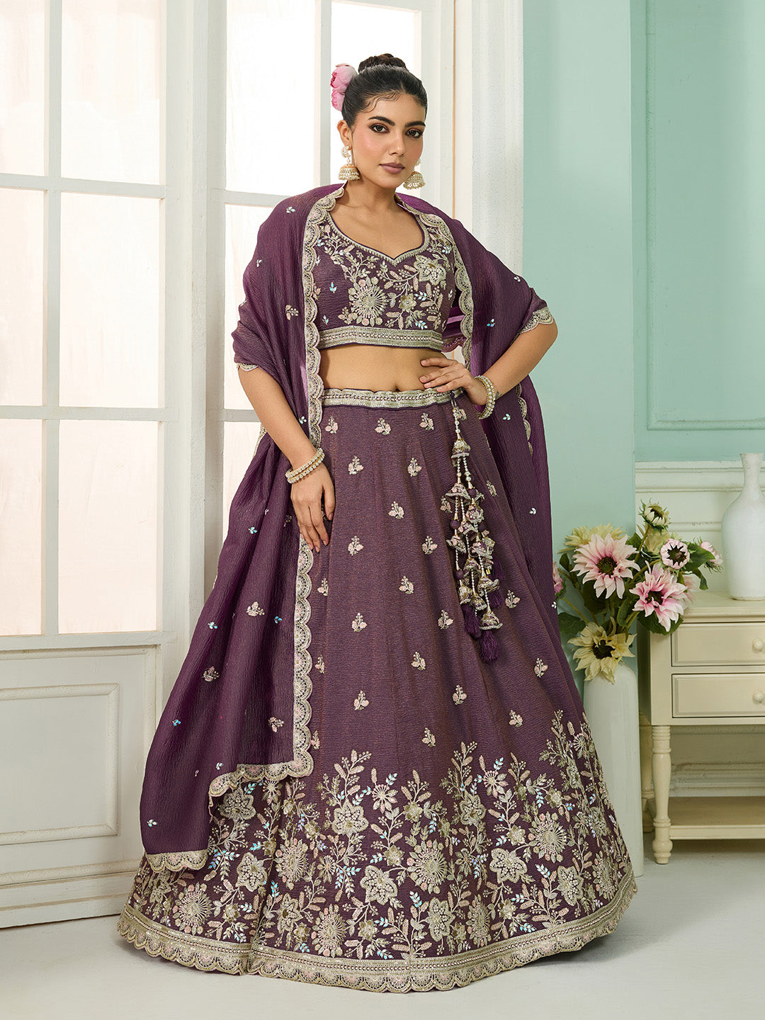 Purple Tissue Lehenga Choli with Sequins, Stones & Thread Embroidery – Full-Flared Semi-Stitched Lehenga with Dupatta ClothsVilla Main image