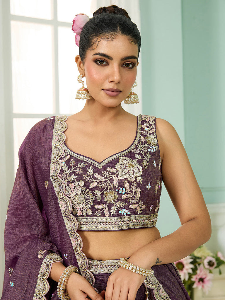 Purple Tissue Lehenga Choli with Sequins, Stones & Thread Embroidery – Full-Flared Semi-Stitched Lehenga with Dupatta ClothsVilla