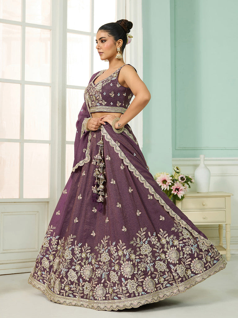 Purple Tissue Lehenga Choli with Sequins, Stones & Thread Embroidery – Full-Flared Semi-Stitched Lehenga with Dupatta ClothsVilla