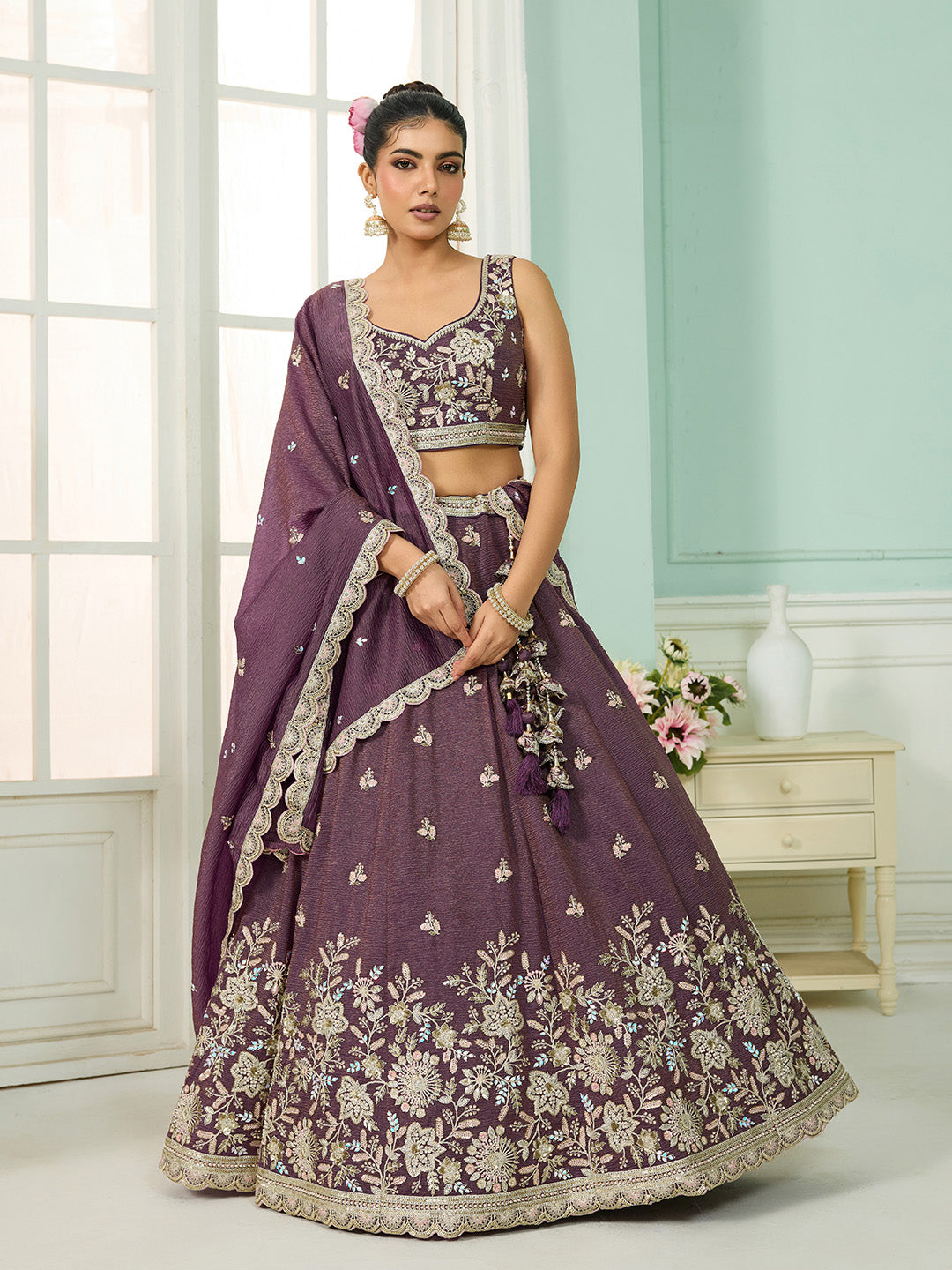 Purple Tissue Lehenga Choli with Sequins, Stones & Thread Embroidery – Full-Flared Semi-Stitched Lehenga with Dupatta Secondary image