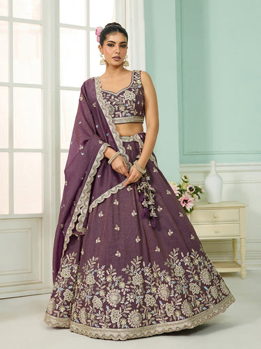Purple Tissue Lehenga Choli with Sequins, Stones & Thread Embroidery – Full-Flared Semi-Stitched Lehenga with Dupatta ClothsVilla