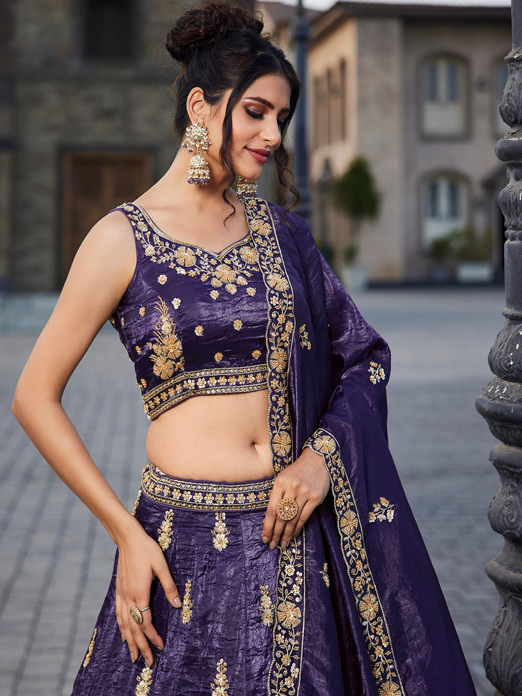 Purple Tissue Semi-Stitched Bridal Lehenga with Heavy Sequin, Moti, and Coding Embroidery Work ClothsVilla