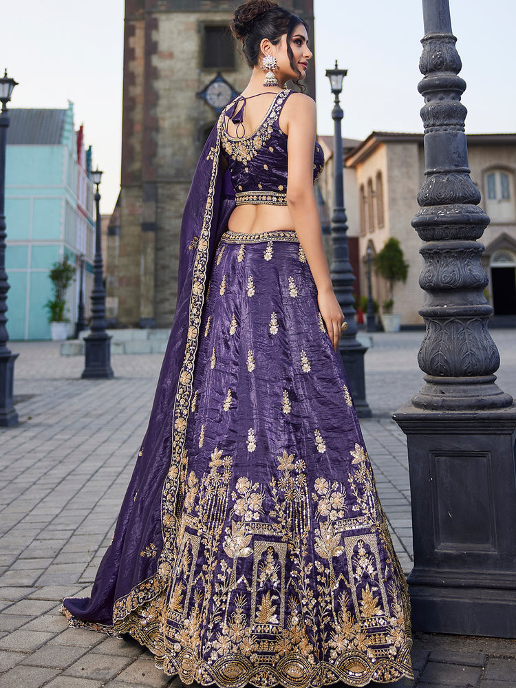 Purple Tissue Semi-Stitched Bridal Lehenga with Heavy Sequin, Moti, and Coding Embroidery Work ClothsVilla