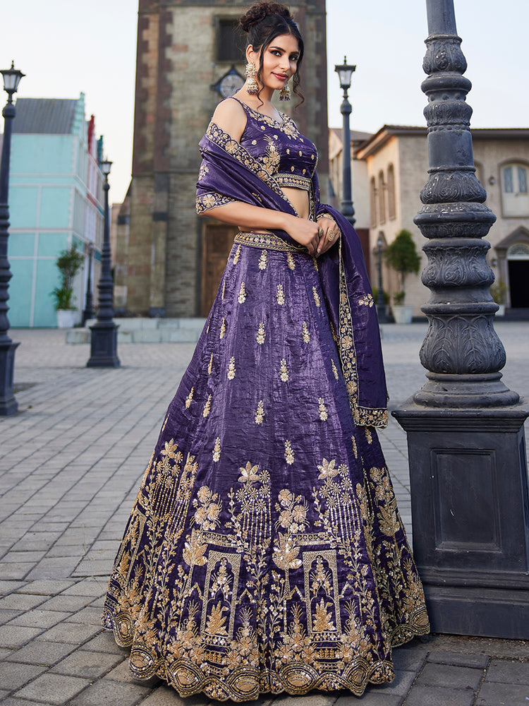 Purple Tissue Semi-Stitched Bridal Lehenga with Heavy Sequin, Moti, and Coding Embroidery Work ClothsVilla