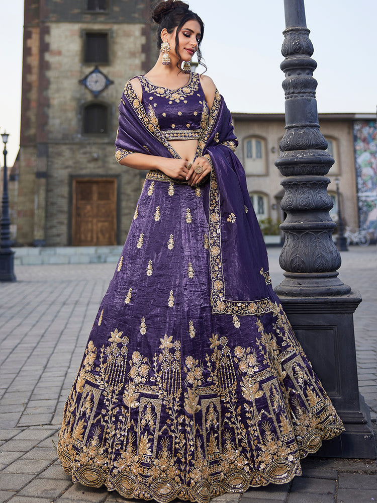 Purple Tissue Semi-Stitched Bridal Lehenga with Heavy Sequin, Moti, and Coding Embroidery Work ClothsVilla