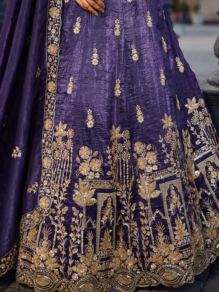 Purple Tissue Semi-Stitched Bridal Lehenga with Heavy Sequin, Moti, and Coding Embroidery Work ClothsVilla