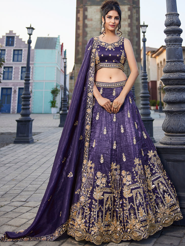 Purple Tissue Semi-Stitched Bridal Lehenga with Heavy Sequin, Moti, and Coding Embroidery Work ClothsVilla