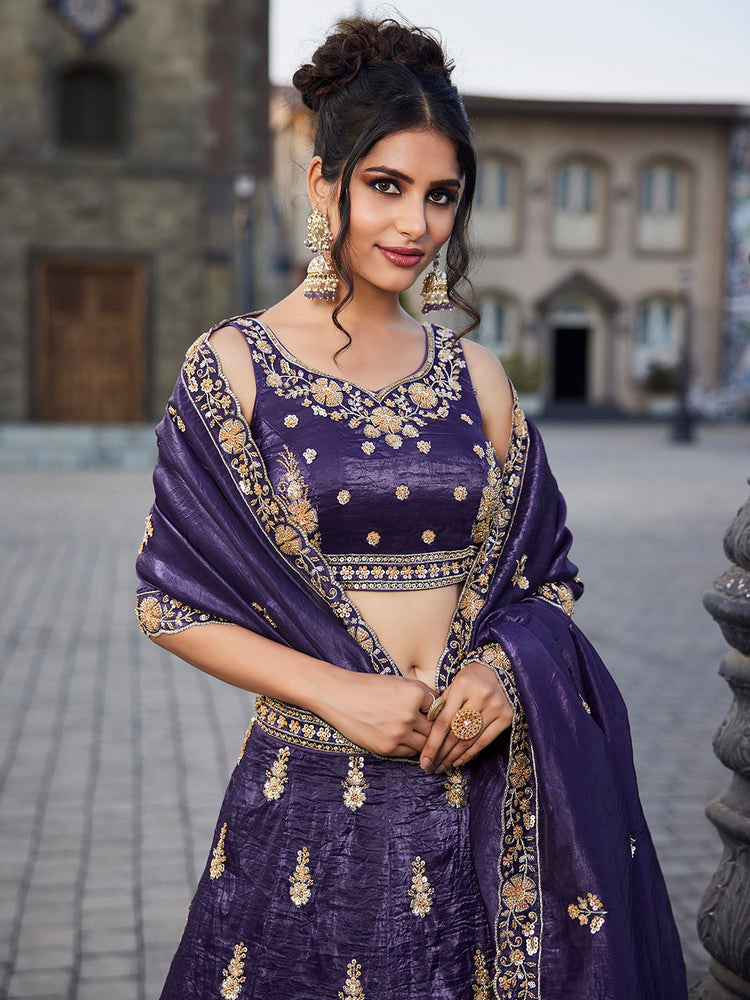 Purple Tissue Semi-Stitched Bridal Lehenga with Heavy Sequin, Moti, and Coding Embroidery Work ClothsVilla