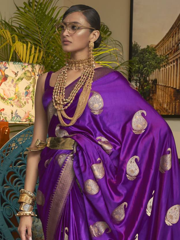 Purple Traditional Baluchari Silk Blend Saree with Unstitched Blouse Piece Secondary image