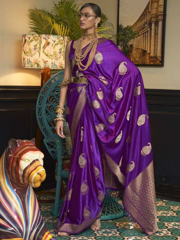 Purple Traditional Baluchari Silk Blend Saree with Unstitched Blouse Piece ClothsVilla