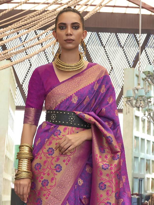 Purple Traditional Banarasi Silk Blend Saree with Unstitched Blouse Piece Secondary image