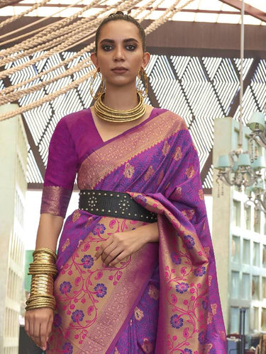 Purple Traditional Banarasi Silk Blend Saree with Unstitched Blouse Piece ClothsVilla