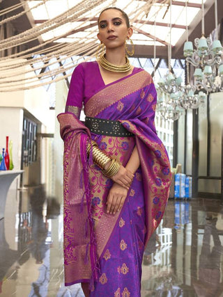 Purple Traditional Banarasi Silk Blend Saree with Unstitched Blouse Piece ClothsVilla
