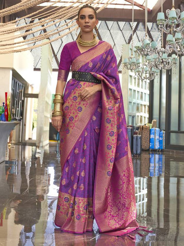 Purple Traditional Banarasi Silk Blend Saree with Unstitched Blouse Piece ClothsVilla