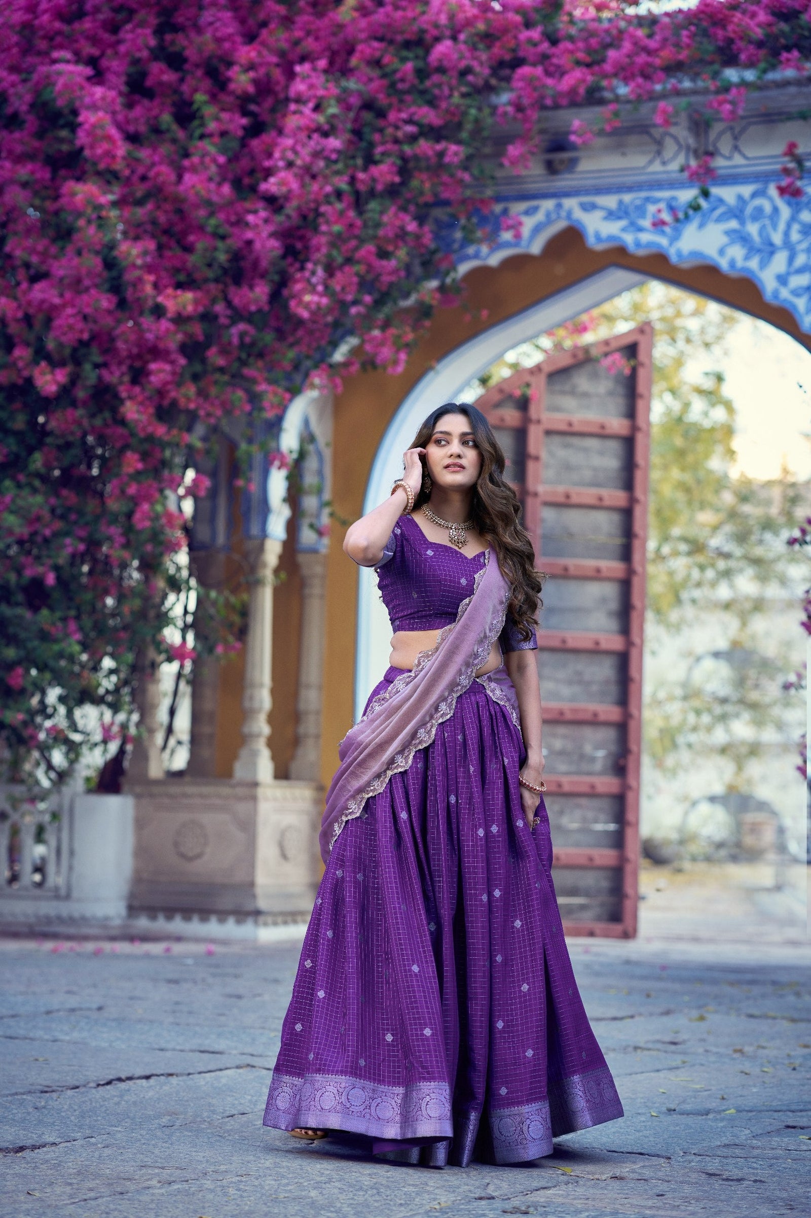 Purple Traditional Festive Checks Lehenga Set ClothsVilla