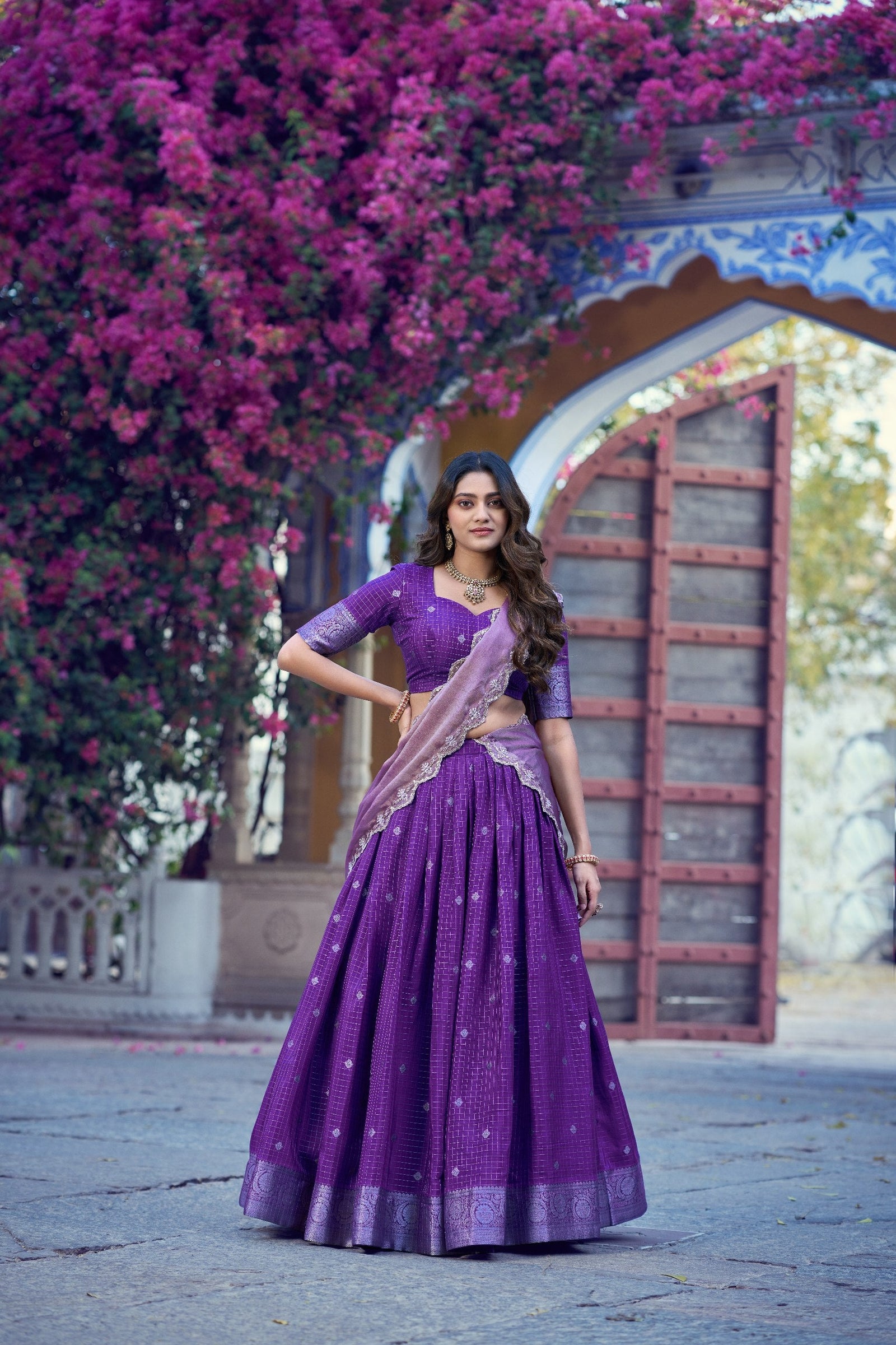 Purple Traditional Festive Checks Lehenga Set ClothsVilla